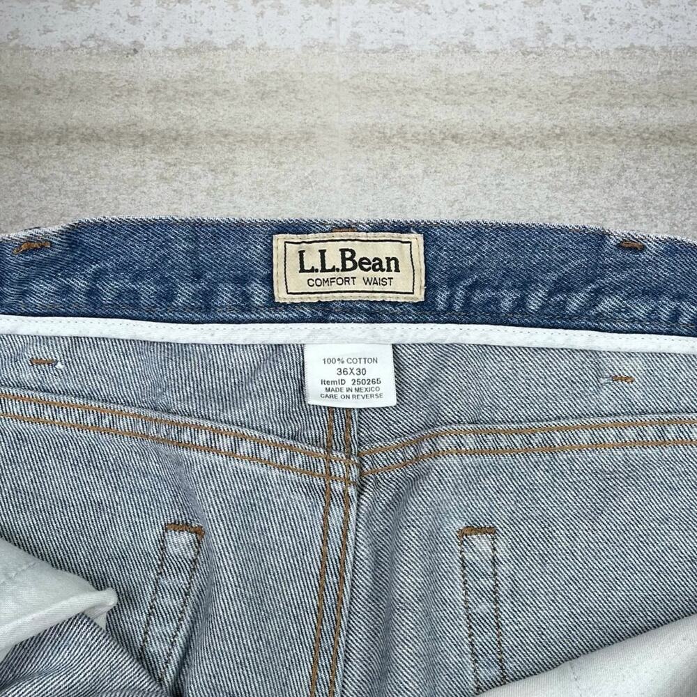 Vintage Y2K LL Bean Jeans 36x30 Baggy Wide Leg Light Wash Denim Leather Logo - Picture 4 of 4